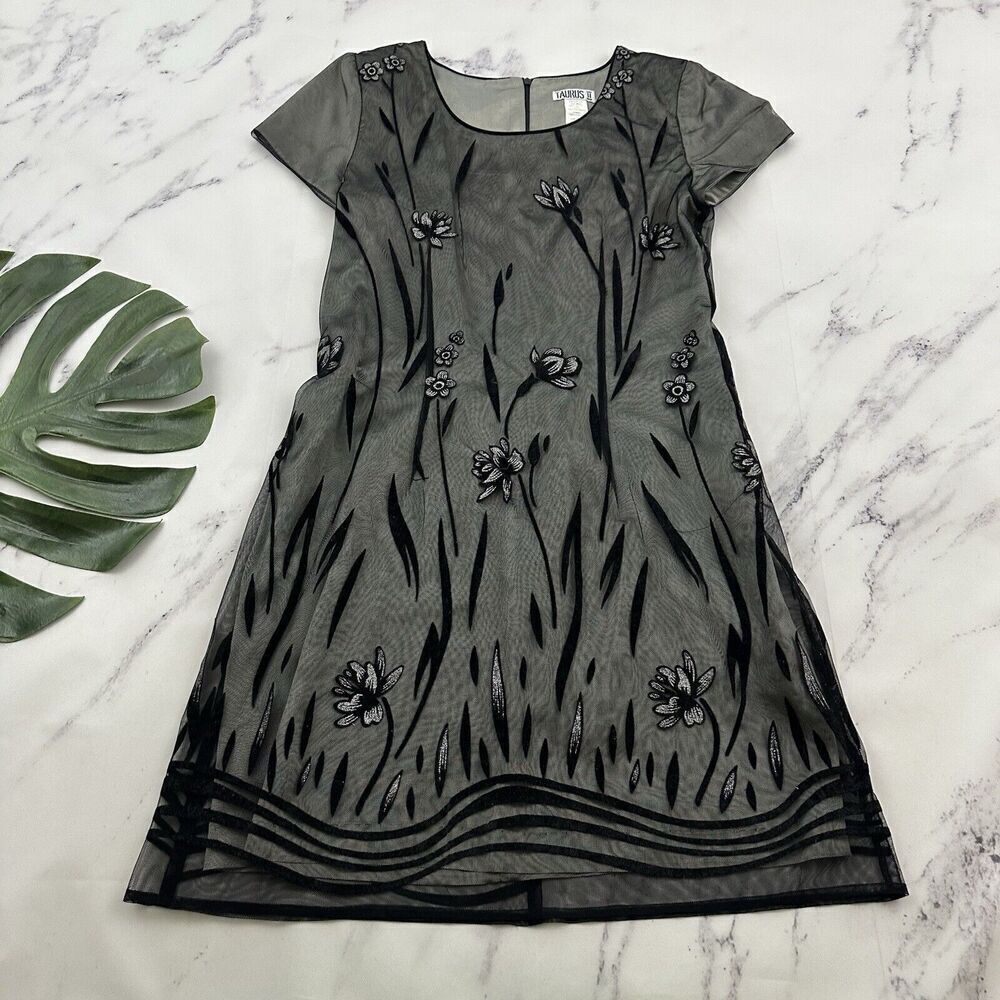 Taurus II Womens Vintage Y2k Mini Dress Size 10 Black Gray Mesh Overlay Sparkle